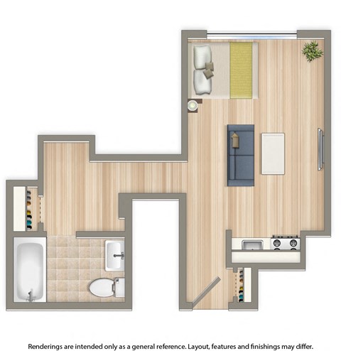 sherry hall studio apartment floor plan rendering